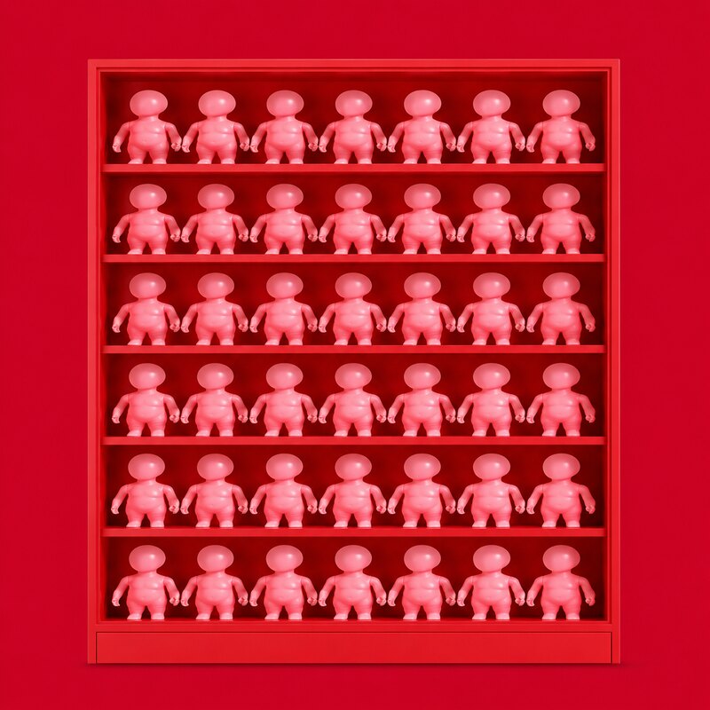 Cover van Poppenkast — een rode kast vol plastic popjes